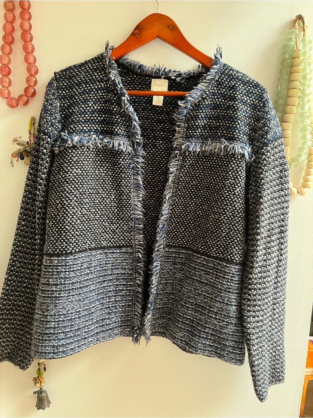 Chico's Navy & Gray Fringe Open-Front Cardigan